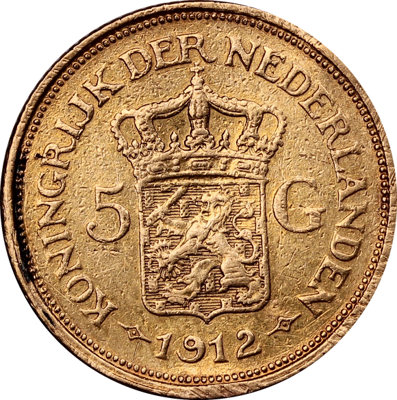 1912 Netherlands 5 Gulden Gold Coin Circulated