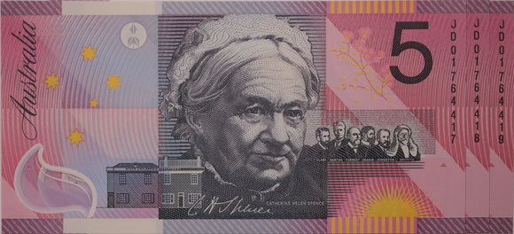 2001 $5 Note Centenary of Federation Consecutive Run of 3 UNC