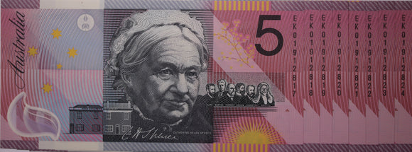 2001 $5 Note Centenary of Federation Consecutive Run of 8 UNC