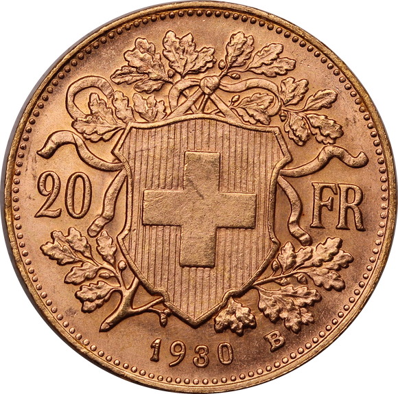 Switzerland 1930 20 Francs Gold Coin UNC