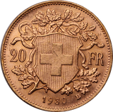 Switzerland 1930 20 Francs Gold Coin UNC