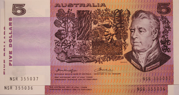 1976 $5 Knight/Wheeler Banknote UNC Consecutive Pair