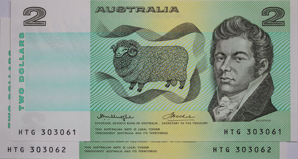 1976 $2 Knight/Wheeler Banknote UNC Consecutive Pair