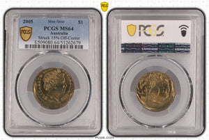 2005 Australian $1 Error Struck 15% Off-Centre MS64