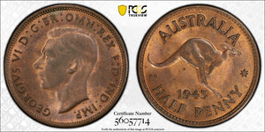 1943m Australian Halfpenny PCGS MS63RB