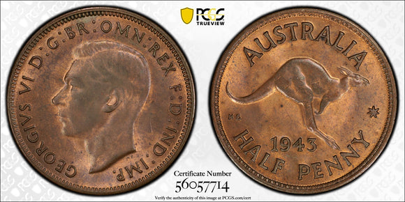 1943m Australian Halfpenny PCGS MS63RB