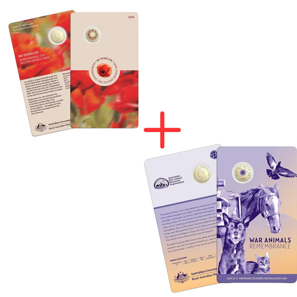2025 $2 80 Years On: Remembering the Second World War C Mintmnark $2 Coin + Purple War Animals Remembrance $2 C Mintmark Coin Pair