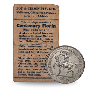 1934/35 Melbourne Centenary Florin aUNC with Foys Bag gFine