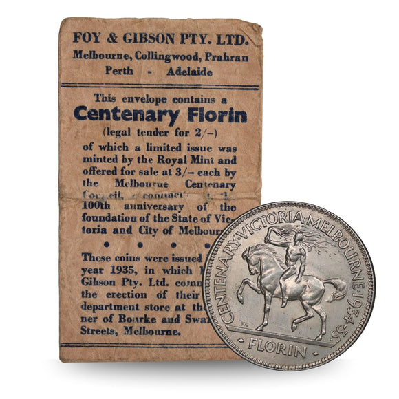 1934/35 Melbourne Centenary Florin aUNC with Foys Bag gFine
