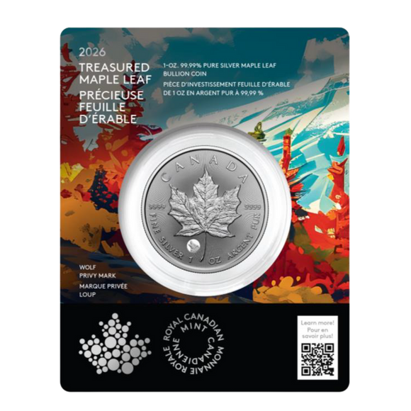 2026 $5 1oz 99.99% Pure Silver Coin - Treasured Silver Maple Leaf: Wolf Privy Mark (Premium Bullion)