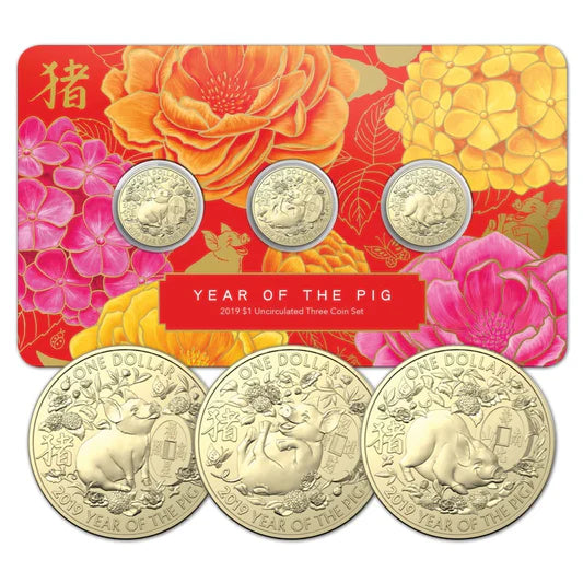 Pig Menu Coin 2019 Lunar Year of the Pig $1 Uncirculated Three Coin Set – Thompsons Coins
