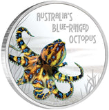 2008 $1 Deadly and Dangerous Blue Ringed Octopus 1oz Silver Coloured Proof Coin