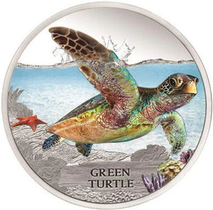 2014 $1 Endangered and Extinct Green Turtle 1oz Silver Coloured Proof Coin