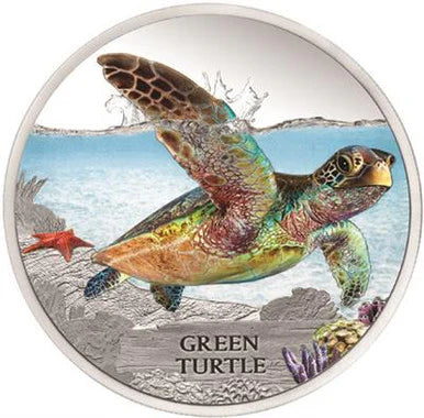2014 $1 Endangered and Extinct Green Turtle 1oz Silver Coloured Proof Coin