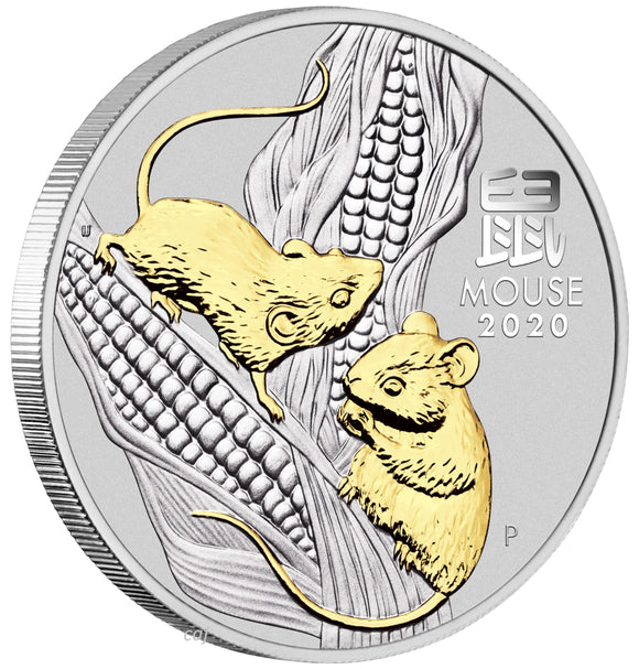Australian Lunar Series III 2020 Year of the Mouse 1oz Silver Proof Gilded Coin (Damaged Box)