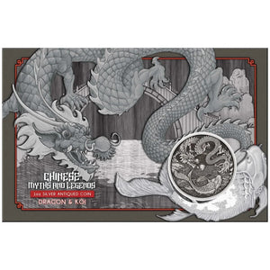 2023 Chinese Myths and Legends Dragon and Koi 1oz Silver Antiqued Coin in Card