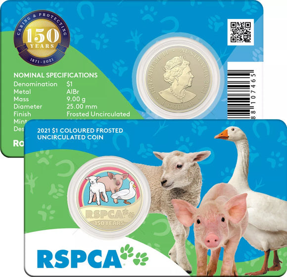 2021 $1 RSPCA 150th Anniversary $1 Frosted Unc Coloured Coin