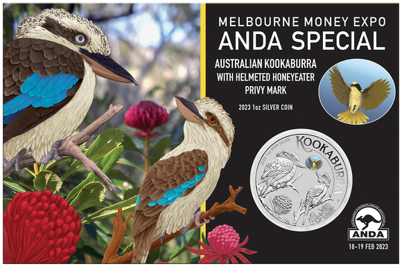 2023 Melbourne ANDA 1oz Silver Helmeted Honey Eater Privy Coin