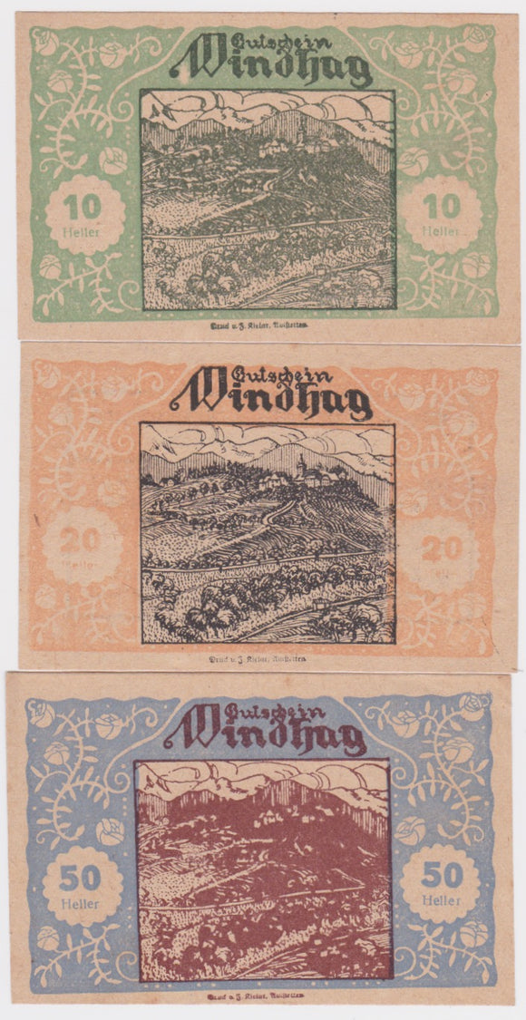 1920 Austria Windhaag 10, 20 and 50 Heller Set EF/UNC