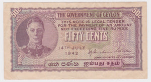 1942 Ceylon 50 Cents aVF