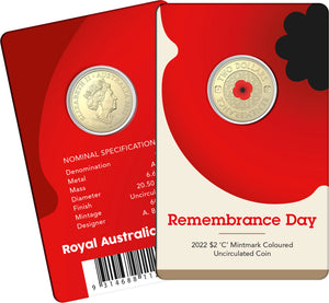 2022 Remembrance Day $2 Poppy C Mintmark Coloured Uncirculated Coin