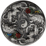 2021 Double Dragon and Double Phoenix with Yin Yang 2oz Silver Antiqued Coloured Coin