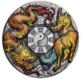 2022 2oz Dragon and Qilin with Bagua Silver Antiqued Coloured Coin