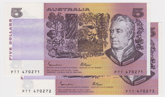 $5 Pair 1985 Johnston/Fraser UNC