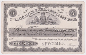 1800s 5 Pound London Chartered Bank of Australia Uniface Specimen EF