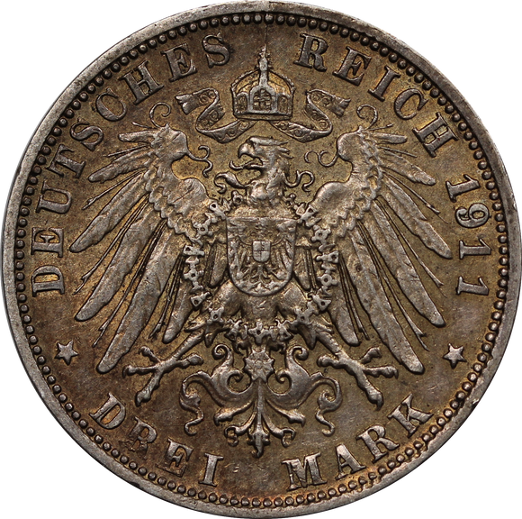 German States Bavaria 1911D 3 Mark gVF