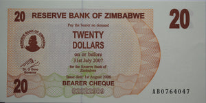 2007 Zimbabwe $20 Dollar Cheque UNC