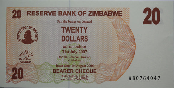 2007 Zimbabwe $20 Dollar Cheque UNC