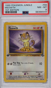 first edition meowth pokemon card Meowth 1999 Jungle First Edition PSA 8 Pokemon Card