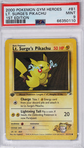 pokemon 2000 pikachu card Lt Surge's Pikachu 2000 First Edition PSA 9 Pokemon Card – Thompsons Coins