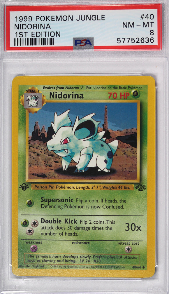 Nidorina 1999 Jungle Set First Edition PSA 8 Pokemon Card Thompsons Coins Nidorina 1999 Jungle Set First Edition PSA 8 Pokemon Card Thompsons Coins