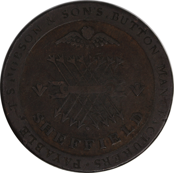 GB 1813 Penny Token Sheffield England, S. Hobson Button Manufacturer