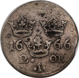 Sweden 1666 Stockholm Mint  2 Ore aVF