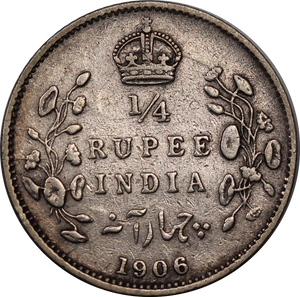 India-British 1906 1/4 Rupee VF