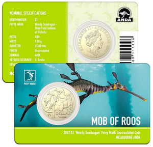 2022 Melbourne ANDA $1 Weedy Seadragon $1 Mob of Roos Coin in Card